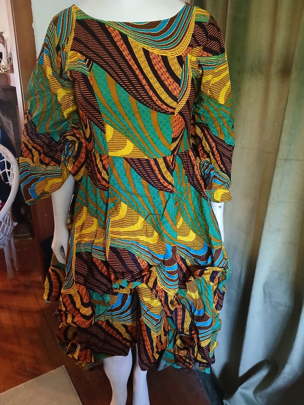 Bright Teal & Yellow Patterned Midi Dress